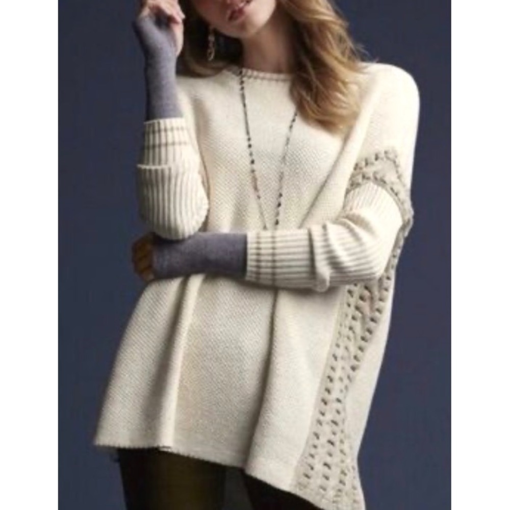 Cabi Slip Stitch Sweater  Ivory Cream Oversized Lacing Detail - Medium
